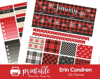 Printable Planner Stickers Winter Buffalo Plaid January Monthly View Kit! w/ Cut Files! For use with Erin Condren!