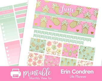 Printable Planner Stickers June Monthly View Kit! Tropical Pineapples Theme! w/ Cut Files! For use with Erin Condren Life Planner!