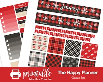 Printable Planner Stickers Winter Buffalo Plaid January Monthly View Kit! w/ Cut Files! For use with The Happy Planner Classic!