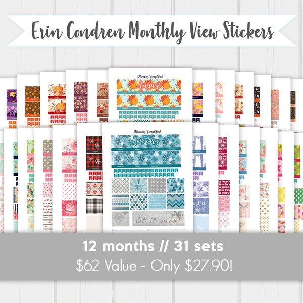 Planificador imprimible pegatinas año valor de la vista mensual conjuntos de pegatinas para su uso con Erin Condren Life Planner!