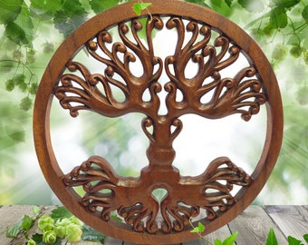 Hand Carved Suar Wood Tree of Life Wall Art: Boho Decor