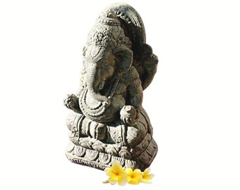 Ganapati Ganesha Lotus Pose Statue Garden statuary Remover Obstacles Cast Lava stone sculpture Bali yard art