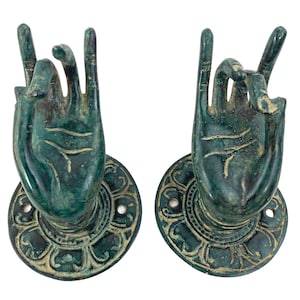 Buddha Hand Mudra Door Handle Knob Pull wall hook Cast Verdigris Bronze Bali Art Set 2