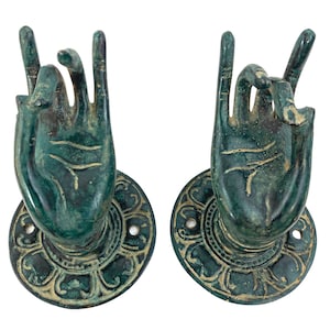 Buddha Blessing Mudra Hands Door Handle Knob Cabinet Pull wall hook Lost wax cast Verdigris Solid Bronze Bali Art Set 2