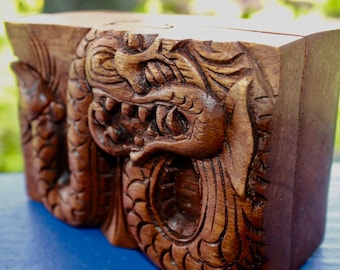 Carved Wood Dragon Secret Box: Balinese Stash Trinket Box