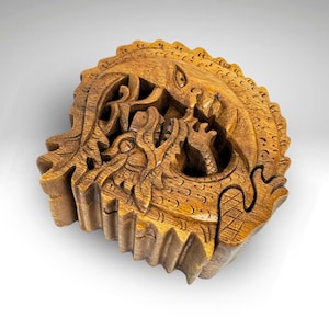 Hand Carved Wood Dragon Moon Puzzle Box: Balinese Naga Art Trinket Stash Box