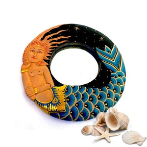 Balinese Folkloric Mermaid Mirror Goddess wall Mirror Carved Wood Bali Folk Art Nautical Beach decor Teal