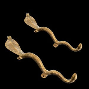 May include: Two ornate brass door handles shaped like snakes with detailed carvings. The handles are curved and have a rounded end.