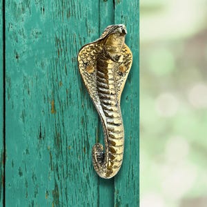 Puede incluir: Un aldaba de puerta con forma de cobra de latón montada en una puerta de madera pintada de color turquesa desgastado. La aldaba está detallada con escamas y una capucha acampanada, mostrando un acabado dorado pulido. El fondo es verde suave y borroso.