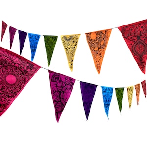 May include: A colorful string of triangular flags with black mandala designs. The flags are in shades of pink, purple, blue, green, yellow, and orange.