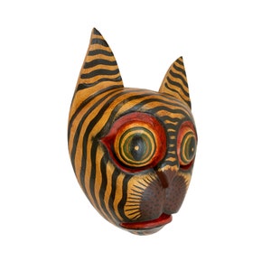 Balinese Tabby Cat Mask Feline Drama Topeng Beige Striped Kitty Scaredy-cat  Bali Wall Art hand carved wood Carving Wall Bali Folk Art