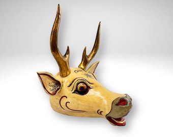 Hand Carved Balinese Golden Deer Mask: Ramayana Maricha Folk Art
