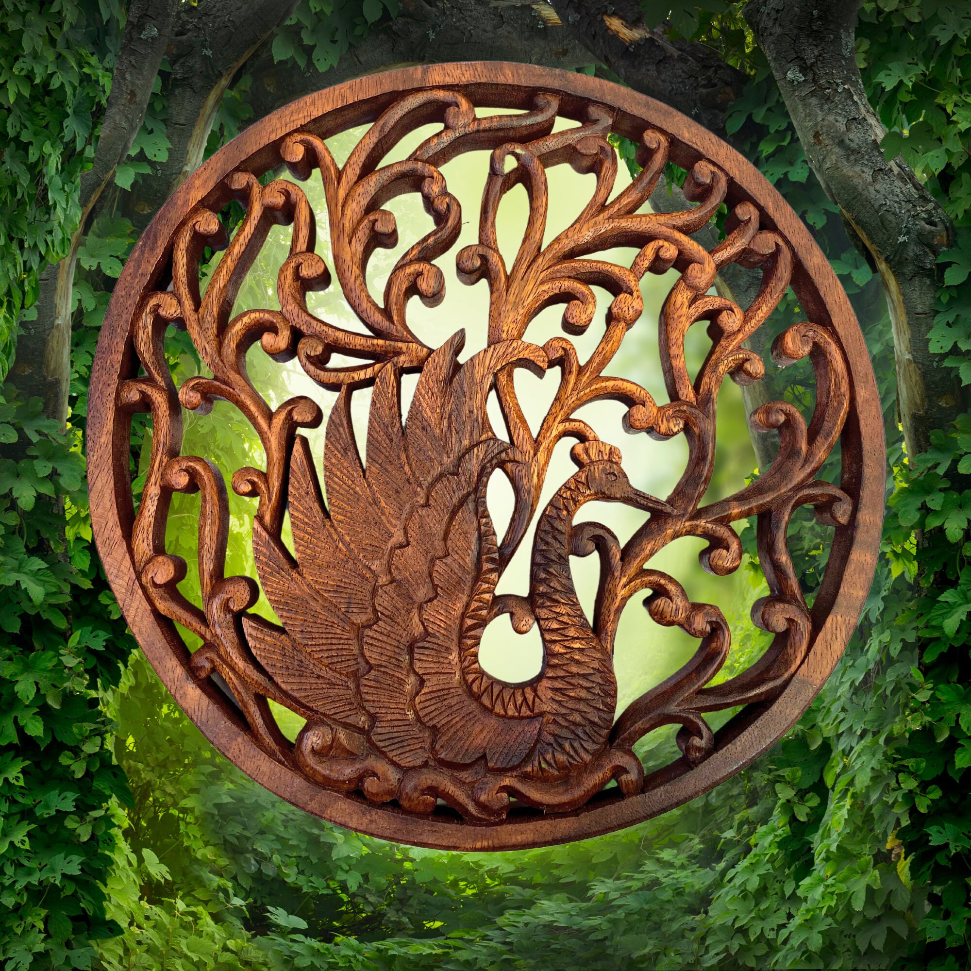 Hand Carved Wood Peacock Relief Panel: Balinese Round Wall Art Plaque ...