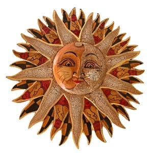 Batik Sunburst Sun Wall Art Plaque Half MOON Celestial Carved hand painted Bali folkart