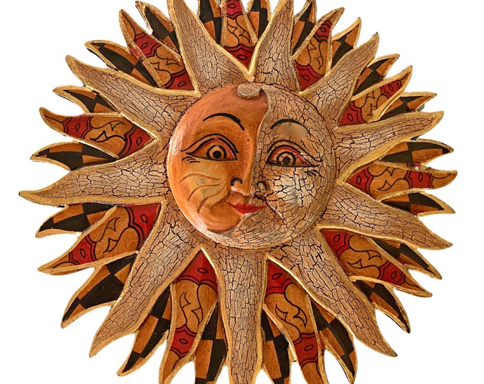 Batik Sunburst Sun Wall Art Plaque Half MOON Celestial Carved Hand