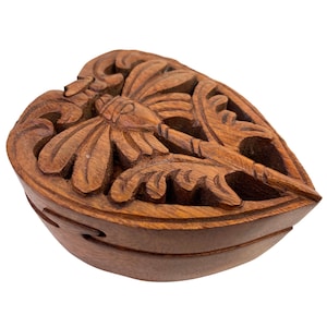 Dragonfly Heart Secret Puzzle Trinket Stash Box Jewelry gift Box Hand Carved Wood Carving Bali art