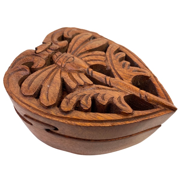 Dragonfly Heart Secret Puzzle Trinket Stash Box Jewelry gift Box Hand Carved Wood Carving Bali art