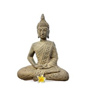 Enlightened Buddha Meditating Garden Statue Handmade Cast Lava Stone Concrete Yard Art Buddhist Balinese Sculpture Eclectic Decor