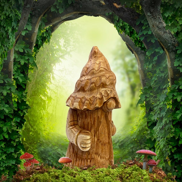 Gnome Wizard Mushroom Hat Forest Spirit Wood Carving Statue Sculpture rustic Hand Carved Solid Wood Cottagecore