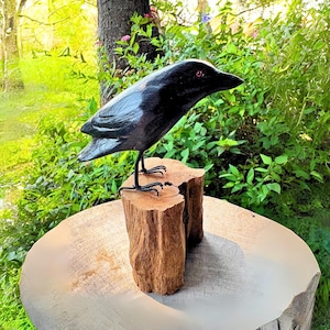 Crow Raven Bird Sculpture Hand carved & Painted Bird Wood Statue Forest bird wildlife carving Gothic art