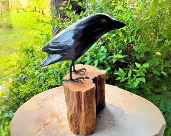 Hand Carved Crow Sculpture: Gothic Forest Bird Wood Statue