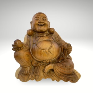 Vintage Hotei Laughing Buddha Sculpture Budai Monk Prosperity Good Luck Fortune Statue hand carved suar wood Carving Bali Art