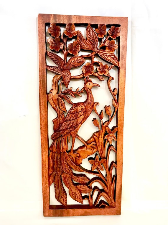 570px x 760px - Balinese Peacock Panel Wall Art Plaque Hand Carved Wood Asian - Etsy