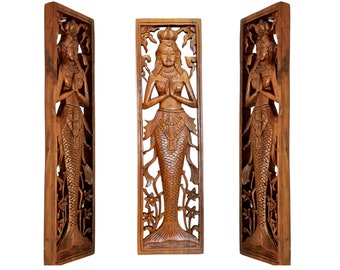 Balinese Mermaid Mystical Goddess of the South Seas Nyi Blorong Mermaid Panel Hand Carved Wood Bali Wall Art Decor