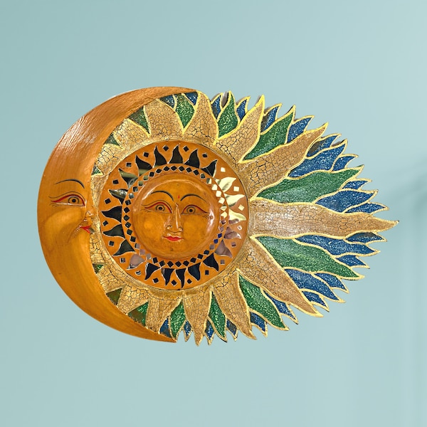 Wind Blown Sun & Moon Sunburst Celestial Wall Art Plaque Half MOON Carved hand painted Bali Balinese folk art Blue Green