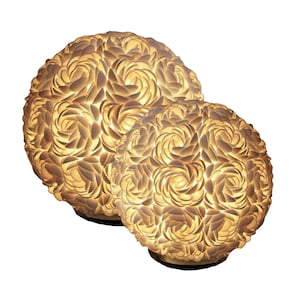 May include: Two spherical lamps with a floral design. The lamps are white and have a warm, glowing light emanating from within. The intricate design creates a unique texture and visual appeal. The lamps are on a white background.