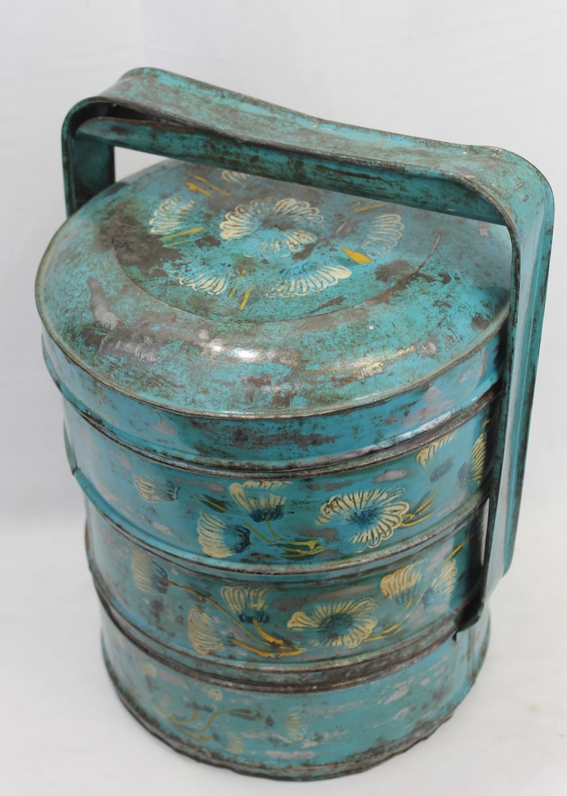 Vintage Tiffin Lunch box lunchbox metal Blue hand painted 3 tiers Indonesian picnic set
