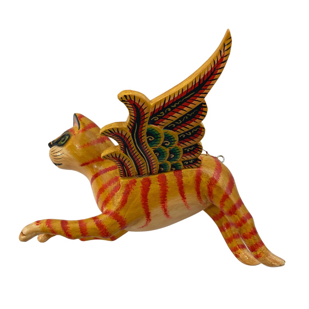 Flying Ginger Cat Spiritchaser Mobile, Carved Wood Balinese Folk