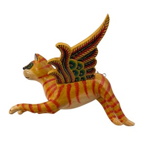 Winged Cat Orange Tiger Striped Ginger kitty MOBILE Spiritchaser cradle guardian demon chaser hand carved wood carving Balinse Folk Art