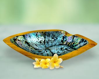 Plato de teca de concha de abulón hecho a mano: plato artístico balinés iridiscente