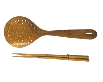 Slotted Skimmer Cooking Chopstick Set Teak Wood Handcrafted Kitchen tool Utensil