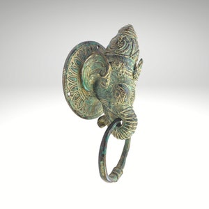 Vintage Ganesha Elefant Türklopfer Schrankgriff Griff Verdigris Wachsausschmelzguss Bronze gegossen Balinesische Architekturkunst