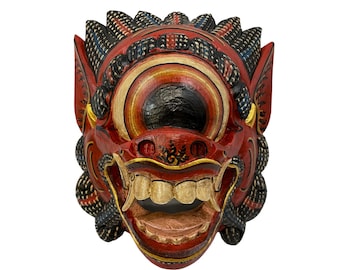 Balinese Mata Besek Mask Cyclops One Eyed Monster Rakshasa Demon Bali Folk Art Hand carved wood Carving Red Wall art