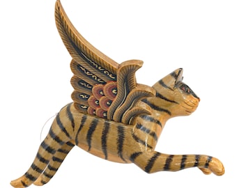 Flying Tabby Randig Katt Mobil, Balinesisk Handsnidad Trä Folkkonstdekor