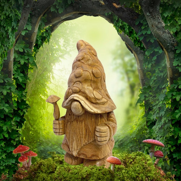 Gnome Wizard Forest Spirit Mushroom Wood Carving Statue Sculpture rustic Hand Carved Solid Wood Cottagecore