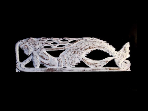 Mermaid Wall Art Sculpture | Balinese Hand Carved Wood Panel, Nautical Art