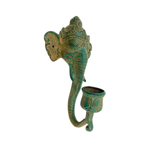 Bronze Ganesha Elephant Wall Sconce;  Lost Wax Cast Metal Candle Holder, Balinese Hindu art