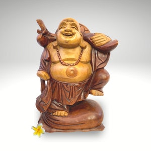 Laughing Traveling Buddha Statue Hand Carved Wood Sculpture Carving Hotei Budai Monk Good Luck Prosperity Bali Art