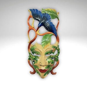 Balinese Dewi Sri Mask Hand Carved Forest Goddess Blue Kingfisher Bird  Dream Mask Dewi Sri Bawang Wood Carving Eclectic Bali Folk Art 22&quot;