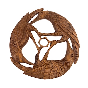 Gothic Birds Crow Crows Raven Corvus Panel Wall Art Round Plaque Hand Carved Balinese wood Carving Decor