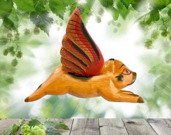 Balinese Flying Pig Mobile, Hand Carved Wood Spiritchaser, Bali Folk Art 6"