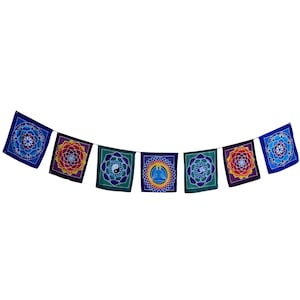 May include: A colorful string of seven fabric flags with mandala designs. Each flag features a different color and intricate pattern, including a yin yang symbol, a lotus flower, and a meditating figure.