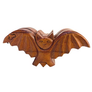 Bat Chiroptera Secret Puzzle Box Stash Box Jewelry Gift Box Hand Carved Wood Carving Bali Art Gothic style