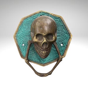 Skull Door Knocker - Vintage Gothic Handle in Verdigris Green Cast Bronze - Unique Art Home Decor