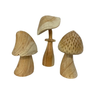 Wild Mushroom Statue Hand Carved Wood Set of 3  toadstool hand carved Fungi Toadstool Wood carving sculpture  Nature Decor
