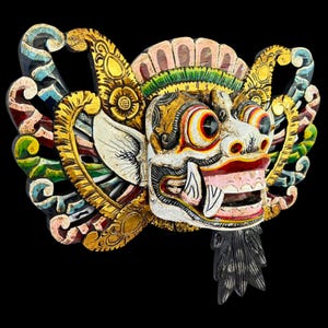 Hand Carved Balinese Barong Mask: Polychrome Wood Wall Decor